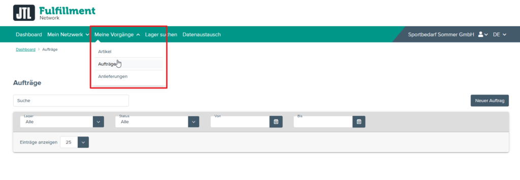 Aufträge im Fulfillment-Portal