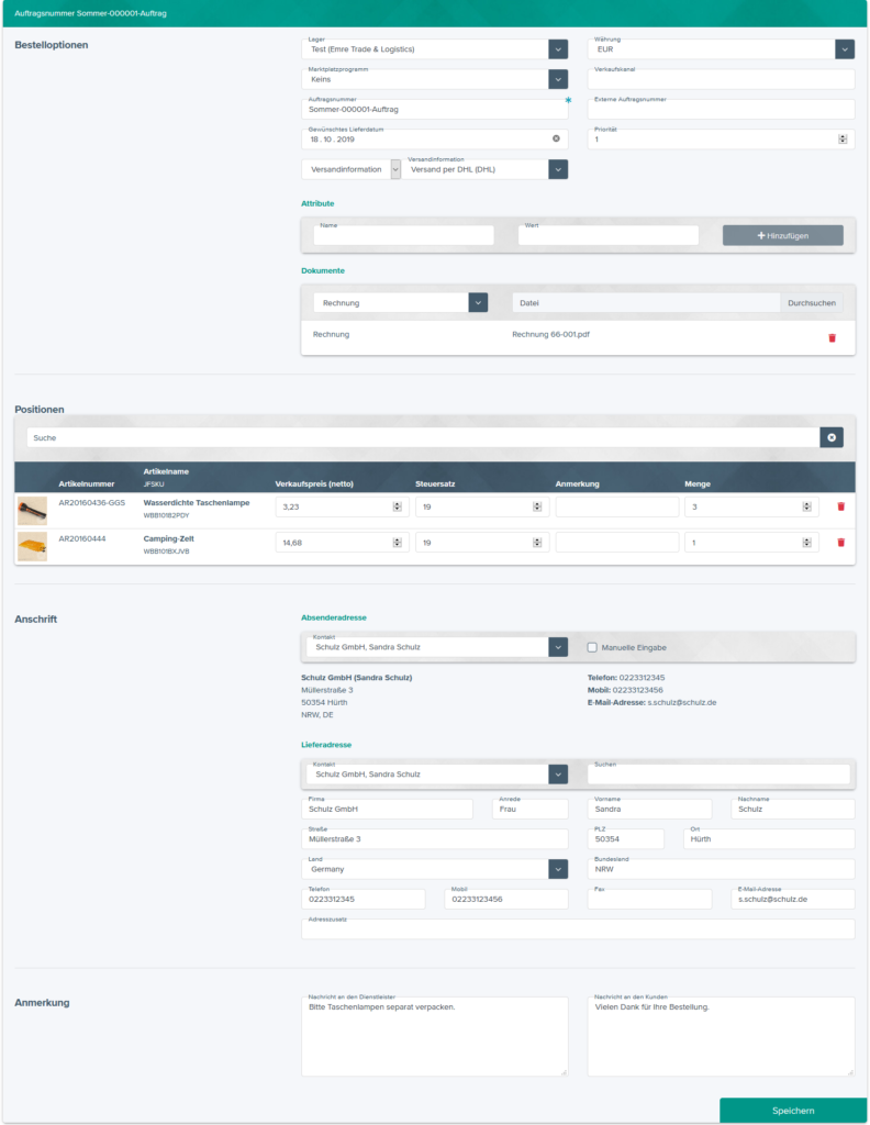 Auftrag im Portal vom JTL-Fulfillment Network anlegen