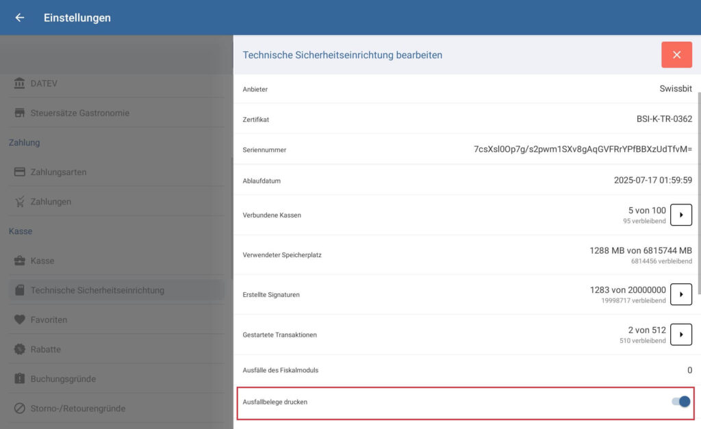Option Ausfallbelege drucken für TSE in JTL-POS