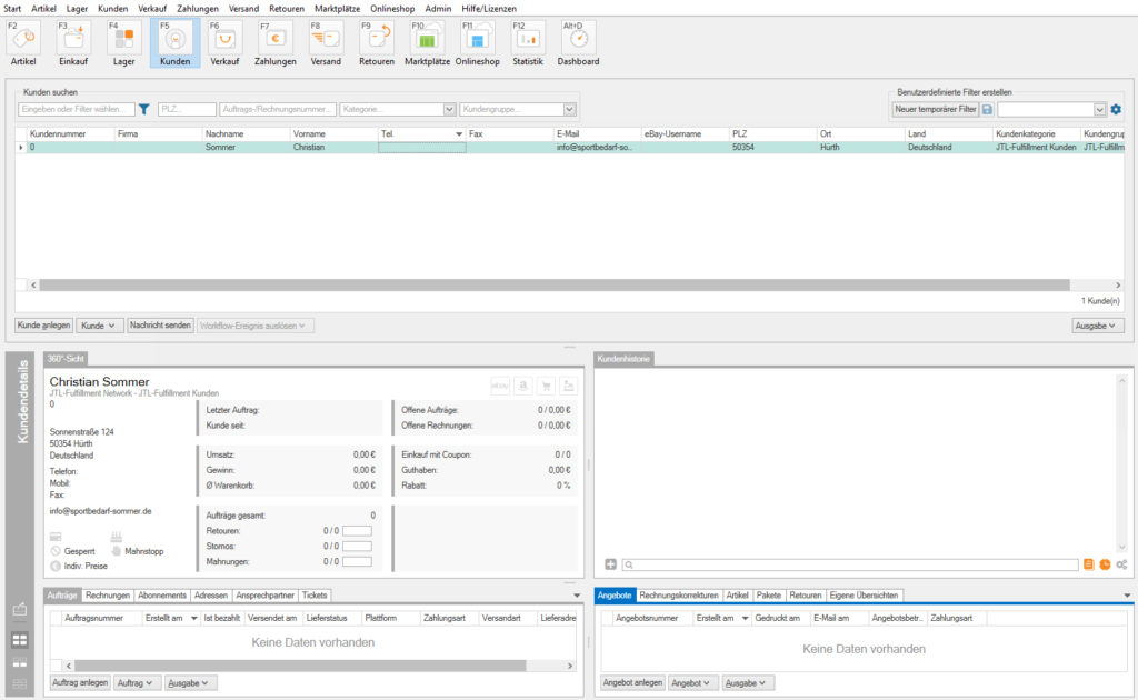 Fulfillment-Kunde in JTL-Wawi im Bereich Kunden