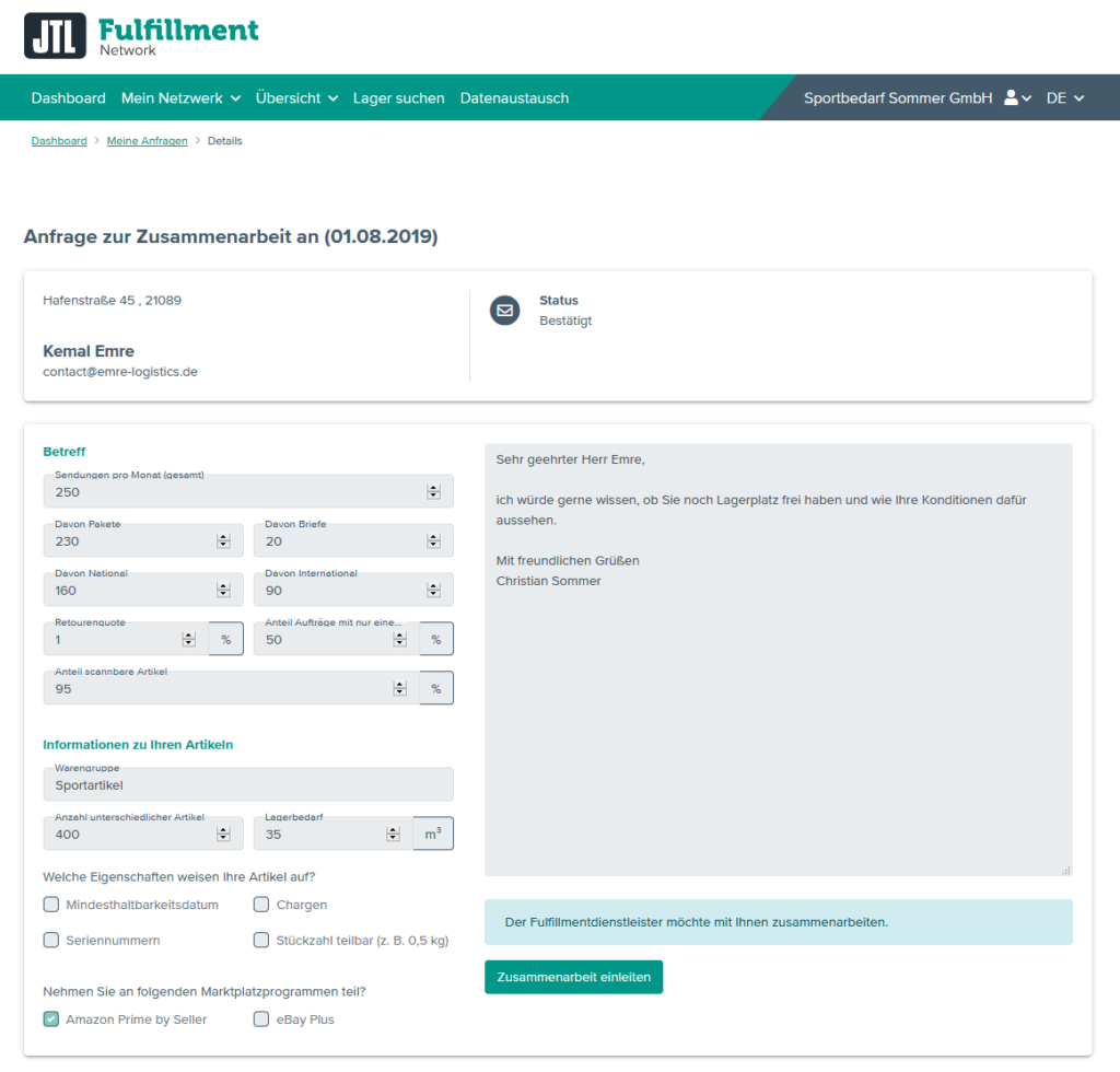 Durch einen Fulfillment-Dienstleister bestätigte Anfrage