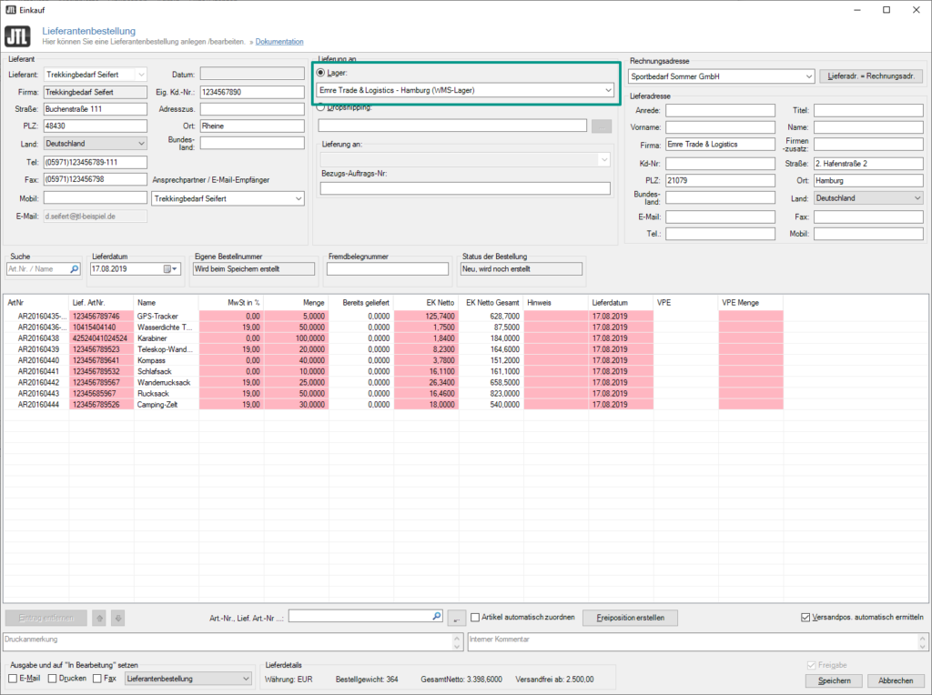 Lieferantenbestellung mit Lieferung an ein Fulfillment-Lager erstellen