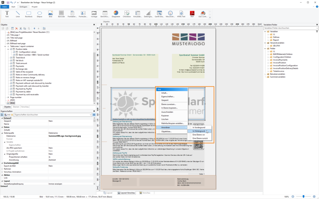 Ein Bild wird im Formulareditor in den Hintergrund gesetzt.