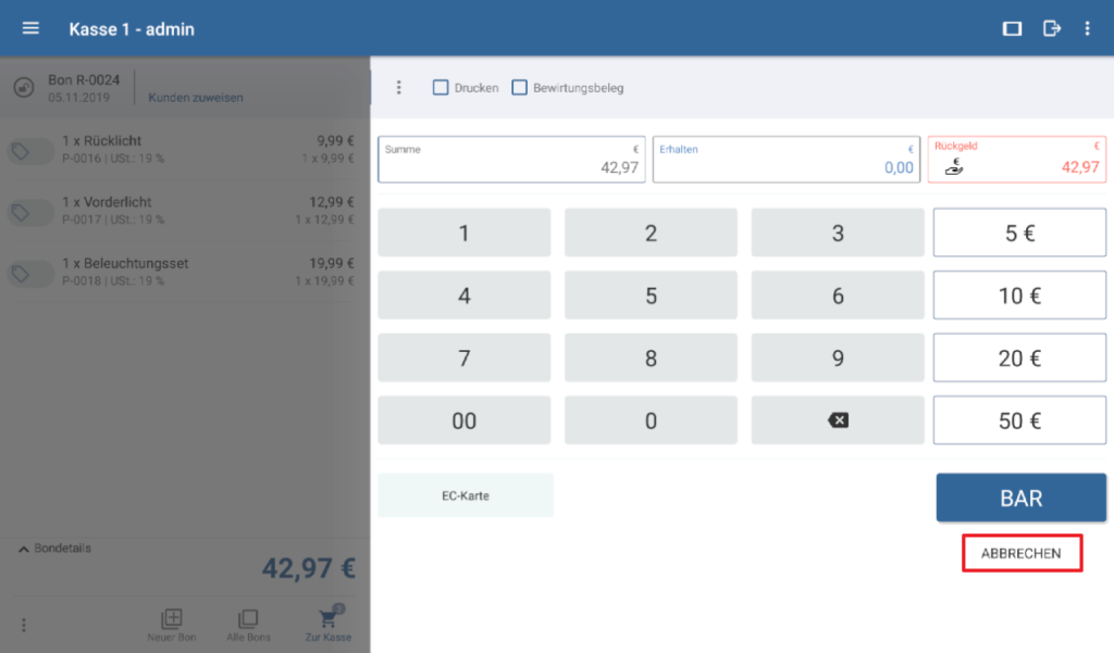 Kassiervorgang für einen Bon abbrechen