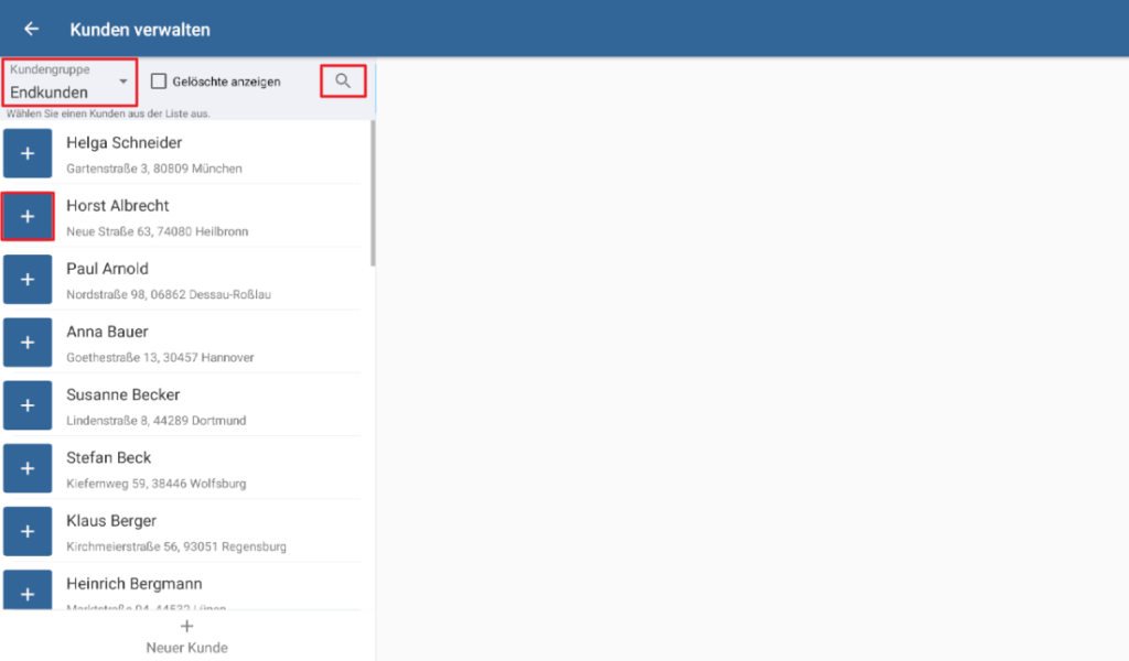 Kunden aus der Kundenliste auswählen