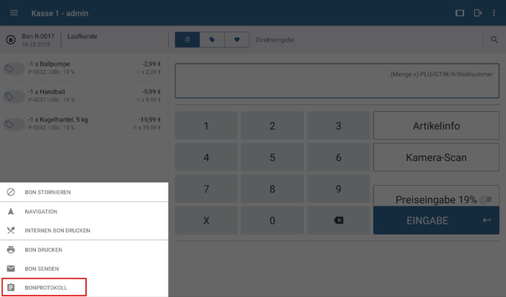 Bonprotokoll über das Bon-Menü öffnen