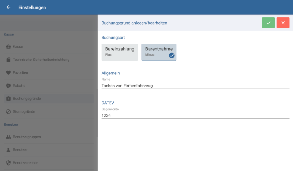 Angelegter Buchungsgrund in JTL-POS