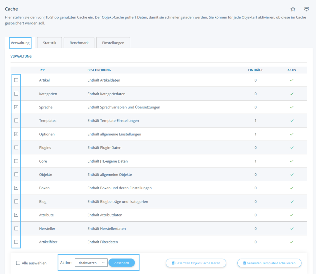 Cache für einzelne Objektarten deaktivieren