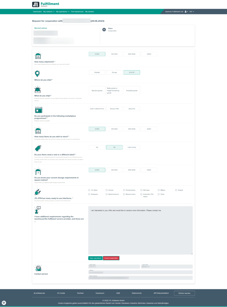 In this window you can terminate the cooperation