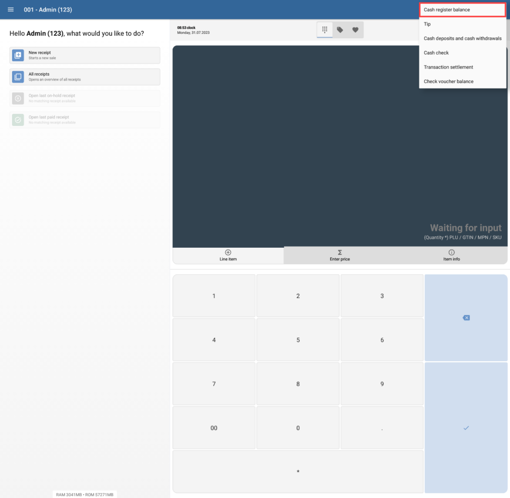 Open menu to view the current cash register balance in JTL-POS