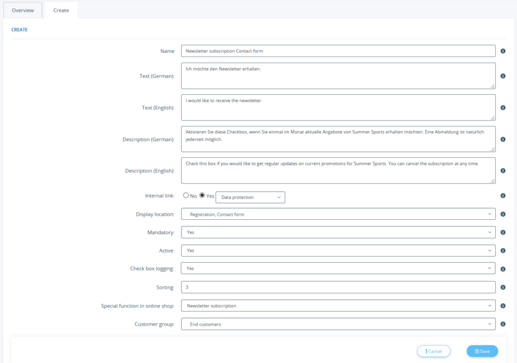 Overview of the settings of the check box administration for JTL-Shop 5
