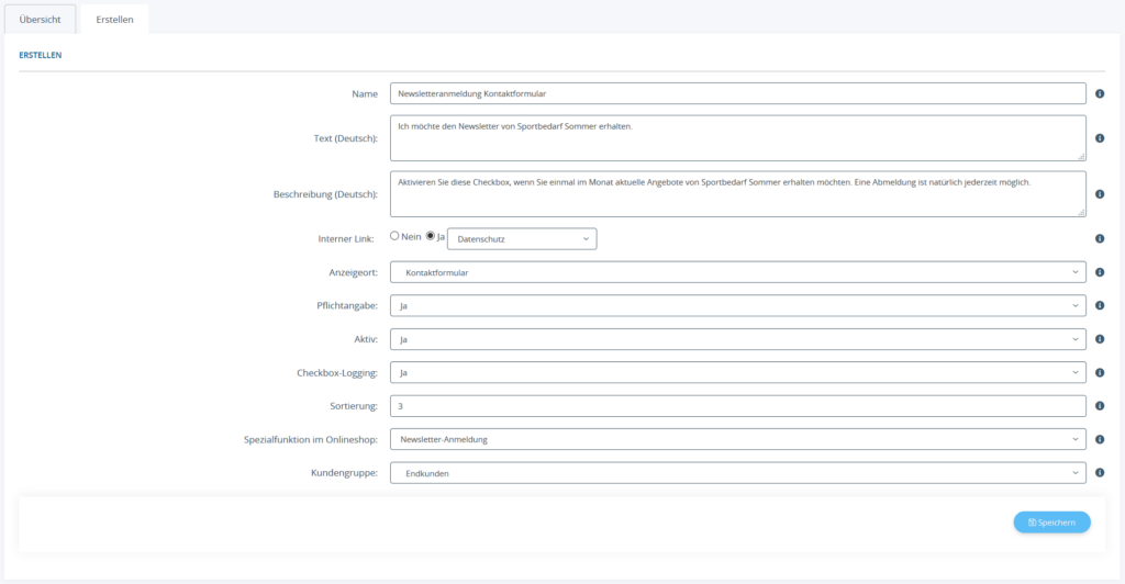 Übersicht der Einstellungen der Checkboxenverwaltung für JTL-Shop 5