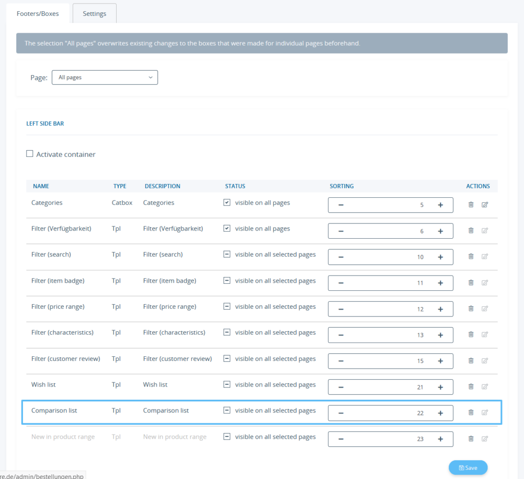 Settings for the comparison list in JTL-Shop