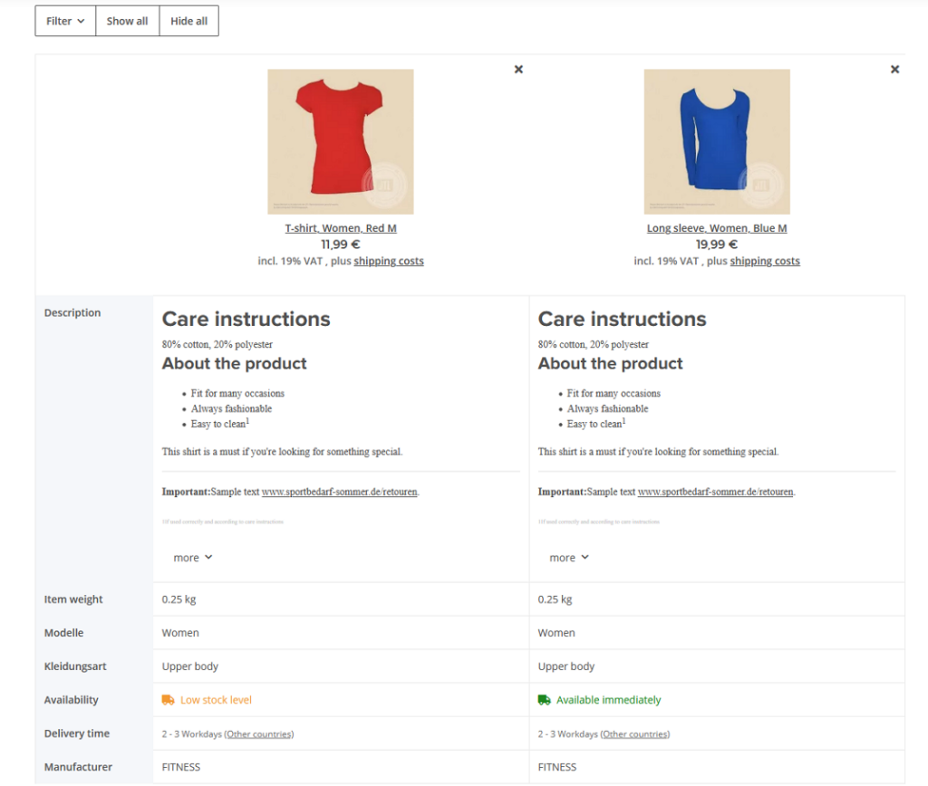 Comparison list in the front end of JTL-Shop