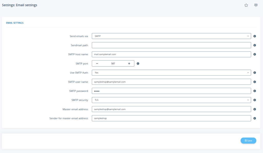 Server settings for sending emails in the back end of JTL-Shop 5