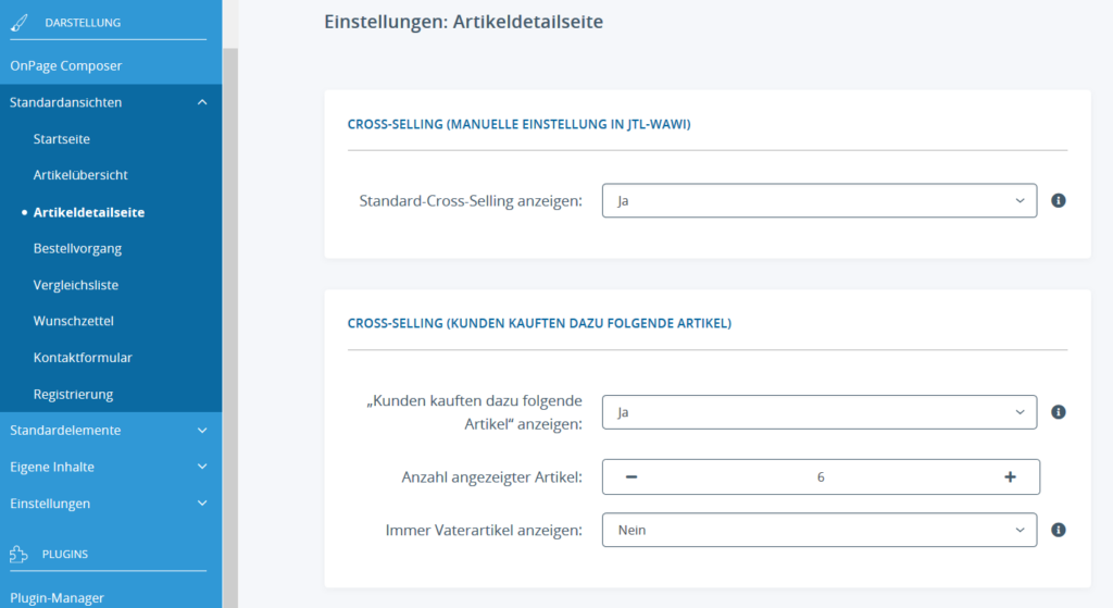 Hier wird ausgewählt, ob und wie welche Art des Cross-Sellings in JTL-Shop 5 angezeigt wird.