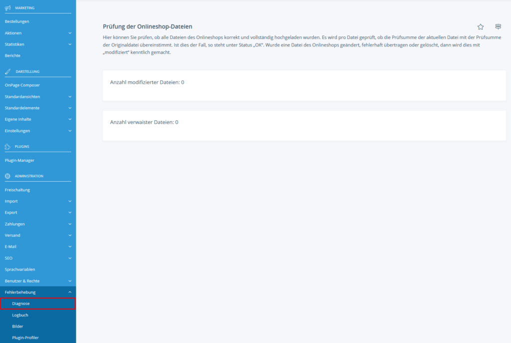 Prüfung der Onlineshop-Dateien in JTL-Shop
