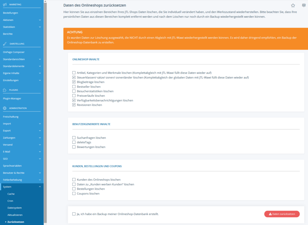 Daten des Onlineshops in JTL-Shop zurücksetzen