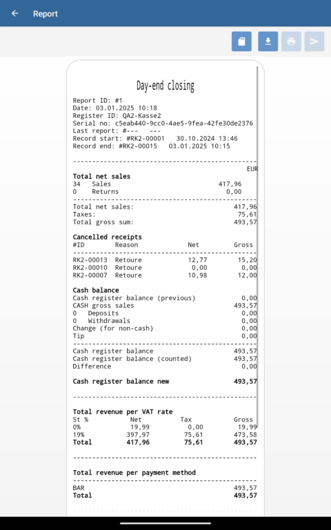 Day-end closing report in JTL-POS