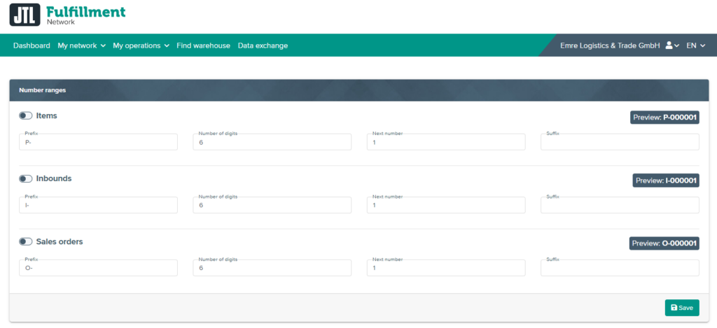 Example for configured number ranges in the JTL-Fulfillment Network