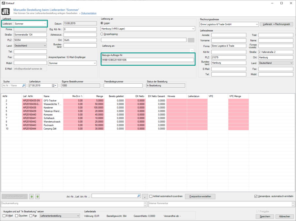 Details einer Lieferantenbestellung im JTL-Fulfillment Network