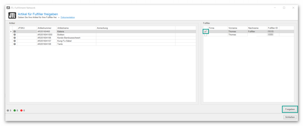 Dialogfenster Artikel für Fulfiller freigeben mit Markierung
