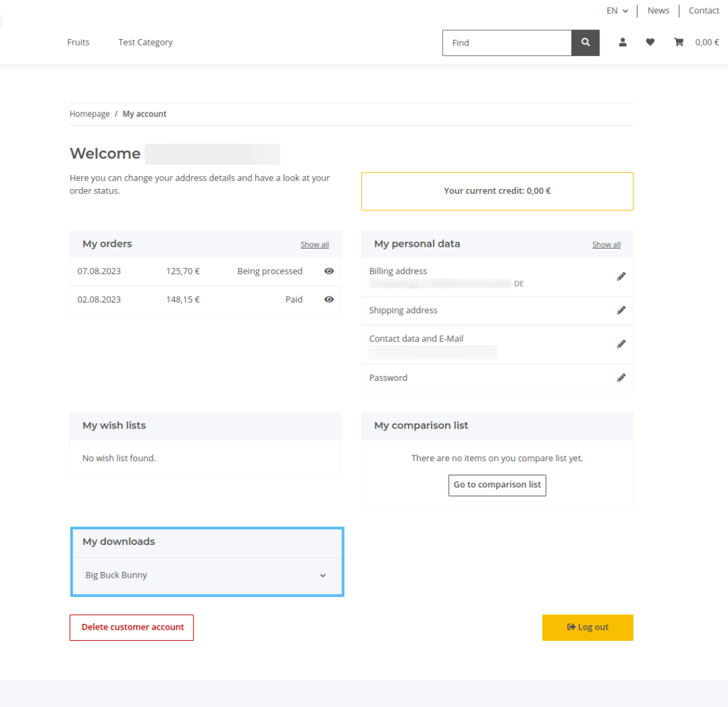 Purchased downloads in the customer account of JTL-Shop