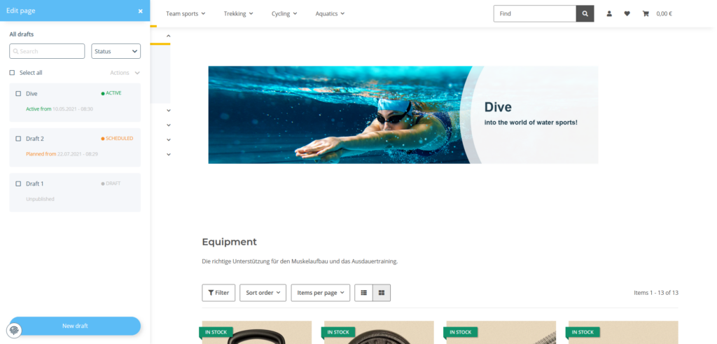 Drafts for a page in the OnPage Composer