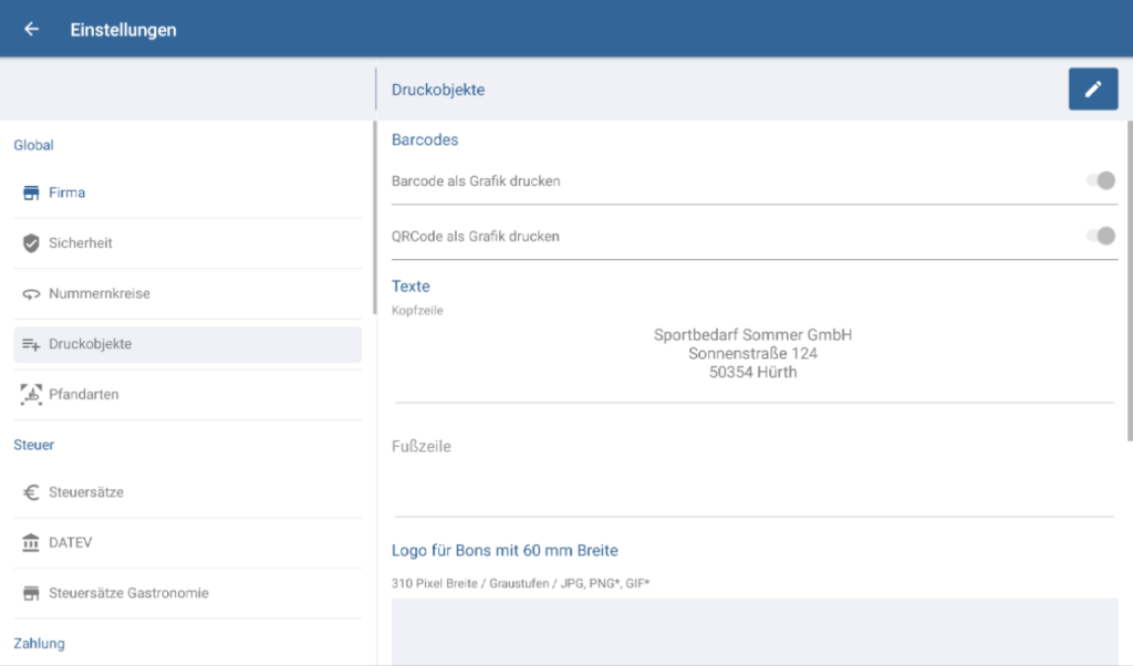 Einstellungen zu Kopfzeile, Fußzeile und Logo in JTL-POS vornehmen