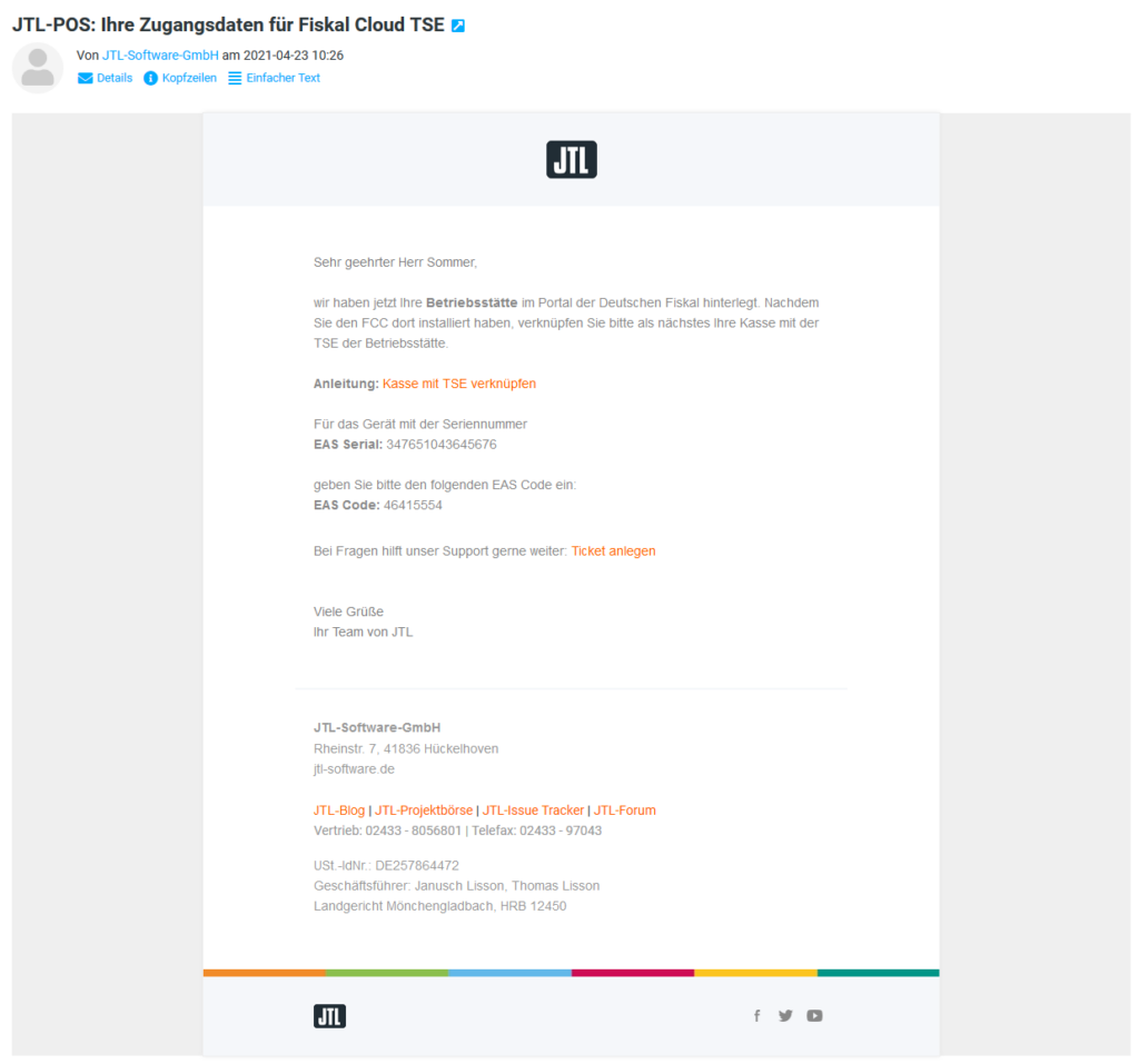E-Mail mit Daten zur Verbindung des FCC mit JTL-POS