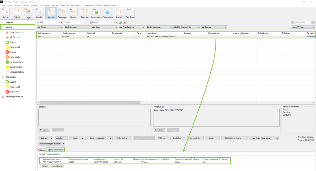 Beispiel für eine eigene Übersicht im Bereich Verkauf