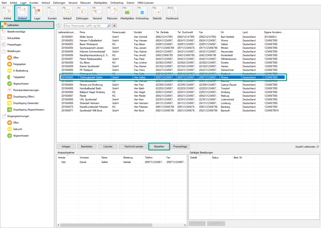 Lieferantenbestellung im Bereich Einkauf anlegen
