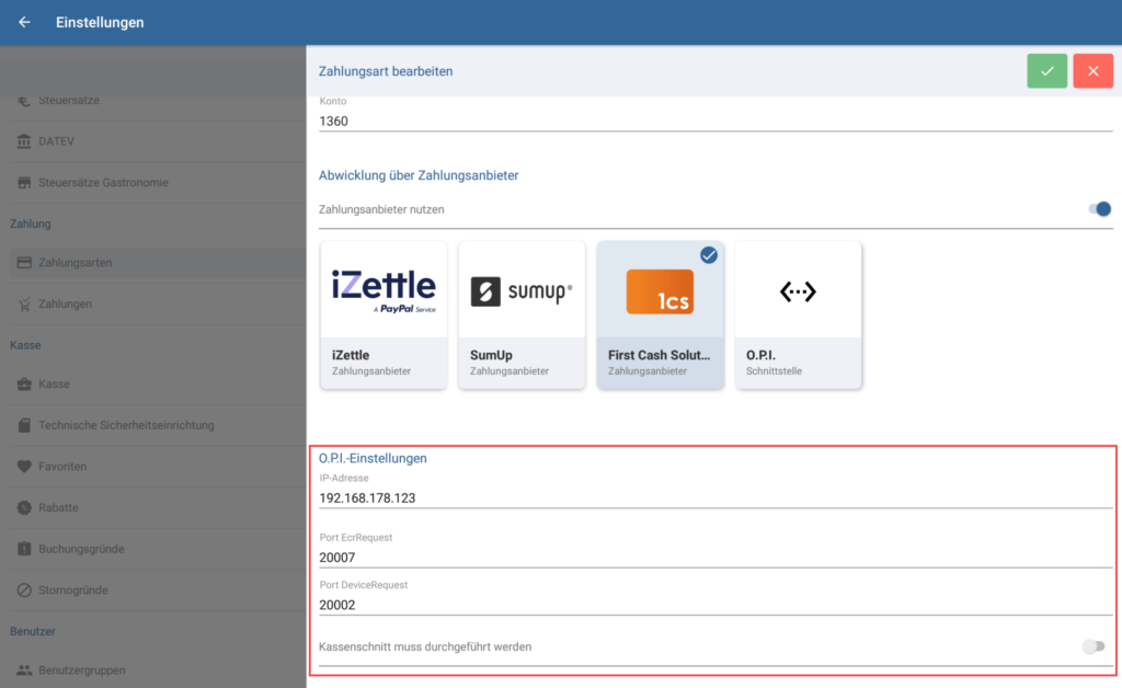 O.P.I.-Einstellungen Zahlungsart 1cs in JTL-POS