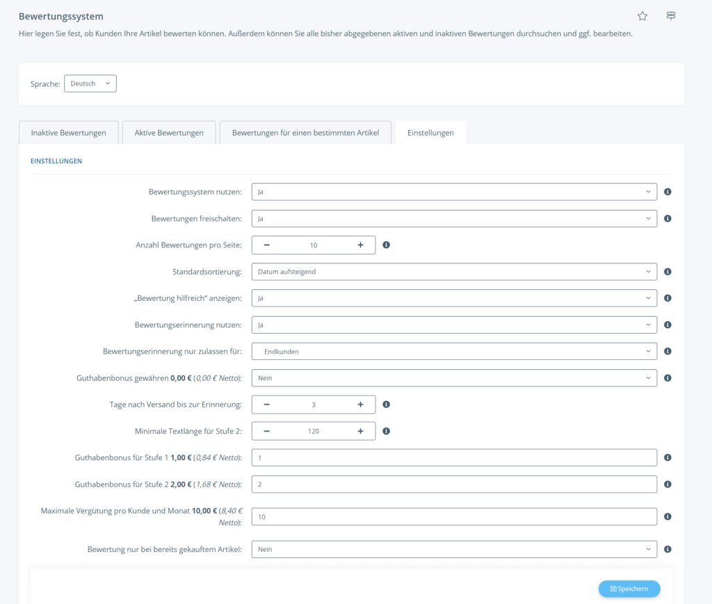 Einstellungen für das Bewertungssystem in JTL-Shop
