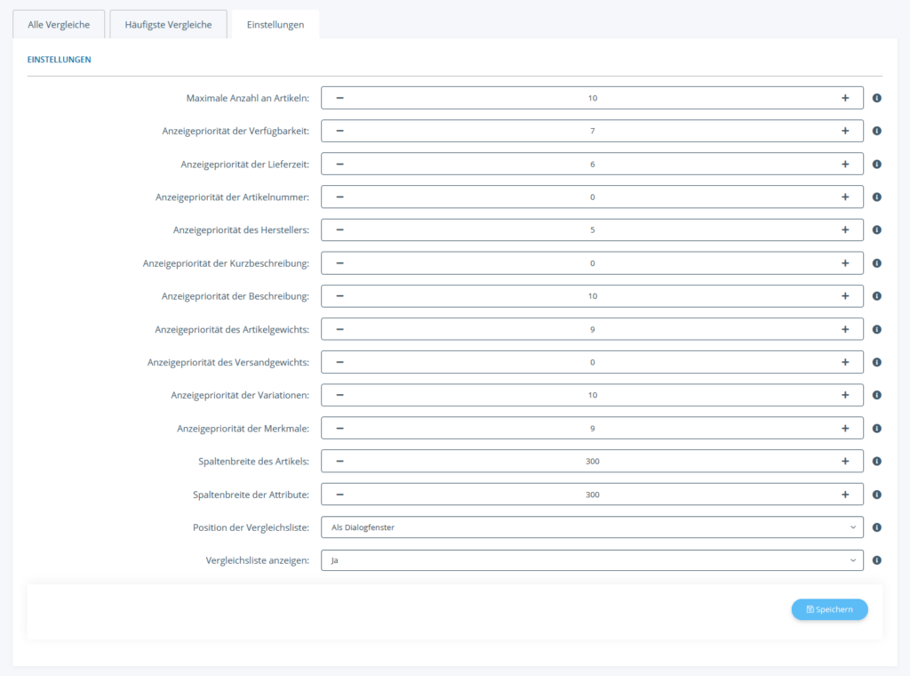 Einstellungen für die Vergleichsliste in JTL-Shop