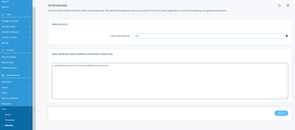 Addresses on the email blacklist of JTL-Shop are blocked from any action