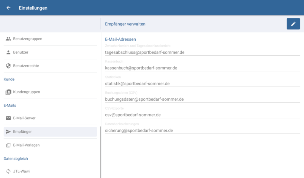 E-Mail-Empfänger in JTL-POS verwalten