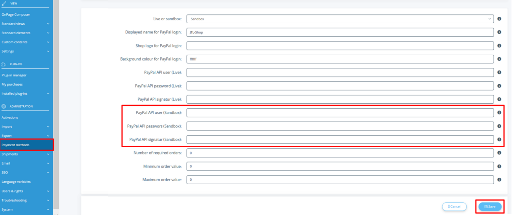 Entering API credentials in PayPal plug-in