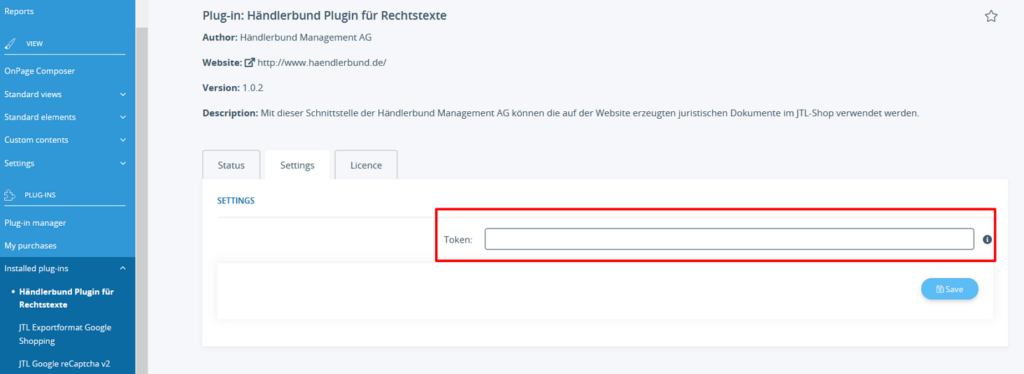 Entering the Händlerbund plug-in token
