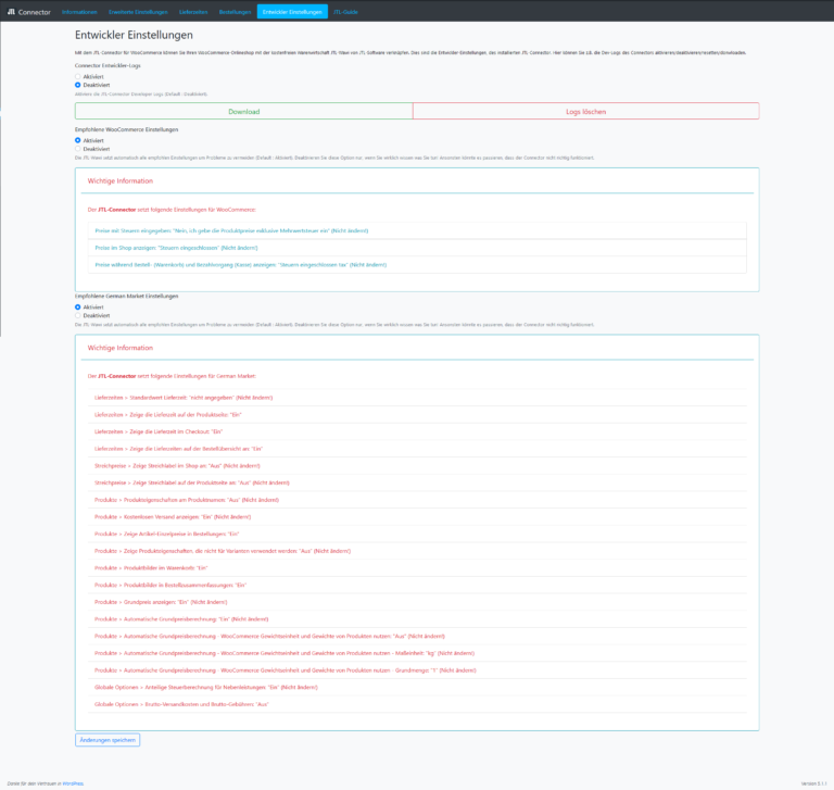 Entwickler-Einstellungen für den JTL-Connector für WooCommerce