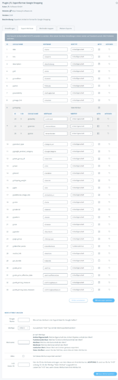 Registerkarte Export-Attribute für Google Shopping in JTL-Shop