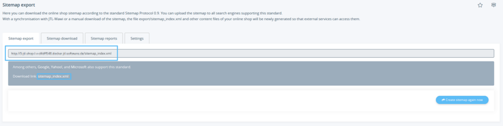 Exporting the sitemap in the back end of JTL-Shop 5