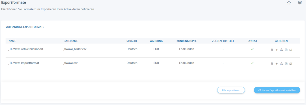 Übesicht der Exportformate im Backend von JTL-Shop 5