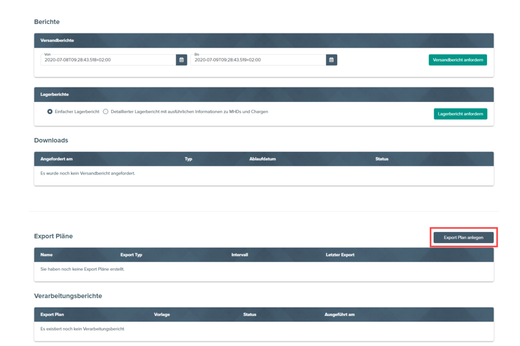 Schaltfläche „Exportplan erstellen“ im Bereich Export