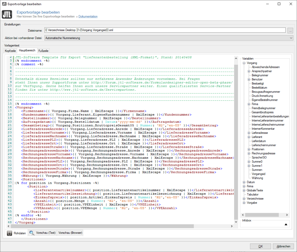 XML-Exportvorlage bearbeiten