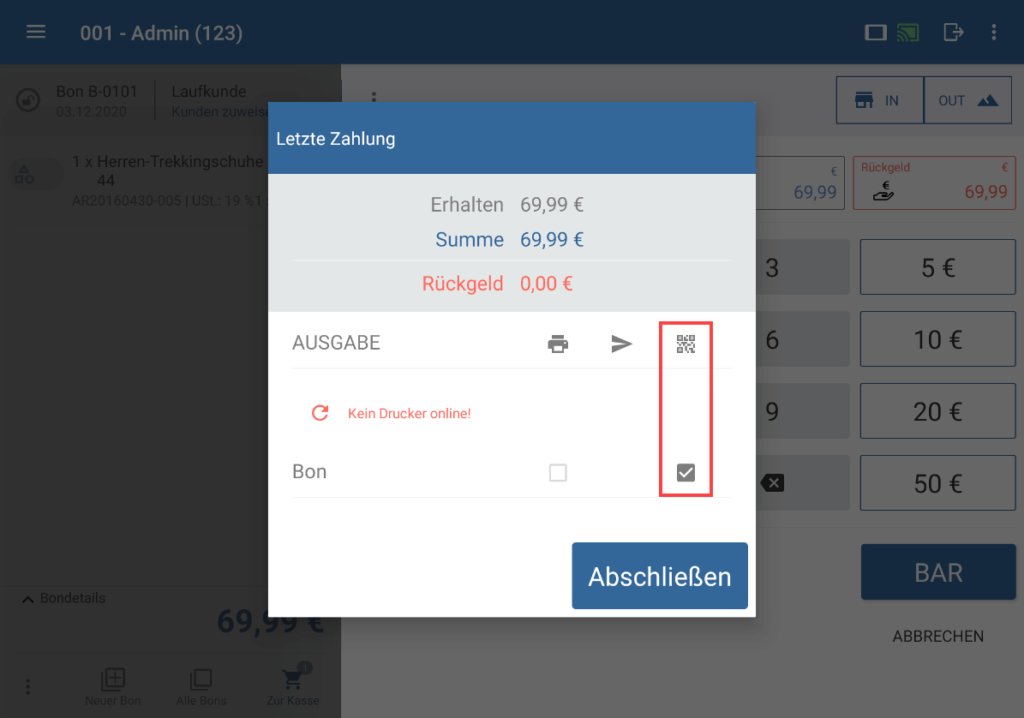Kassiervorgang Fenster Letzte Zahlung mit Markierung