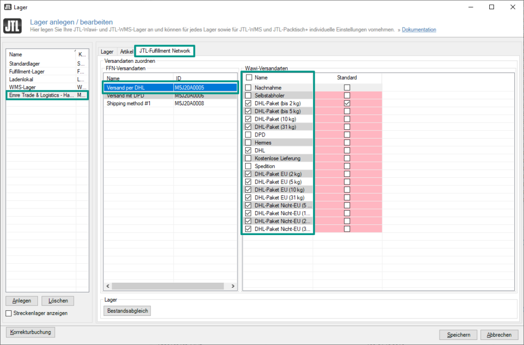 FFN-Versandarten mit Wawi-Versandarten verknüpfen