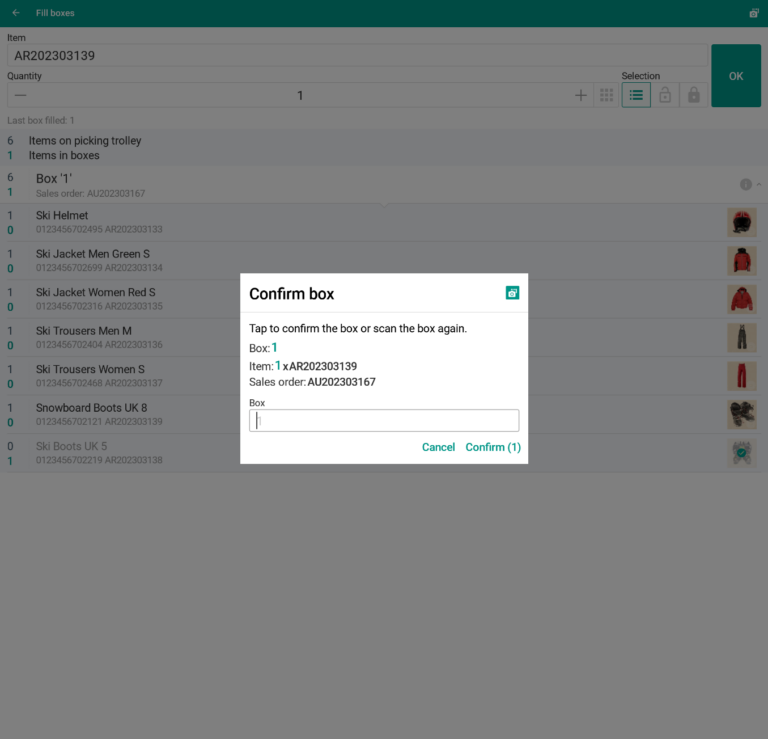 Wms Mobile Collective picking Fill boxes Confirm Box 008