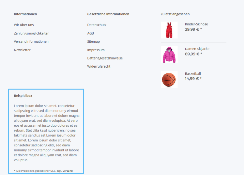 Ansicht einer Box mit eigenem erstellten Inhalt im Frontend von JTL-Shop 5