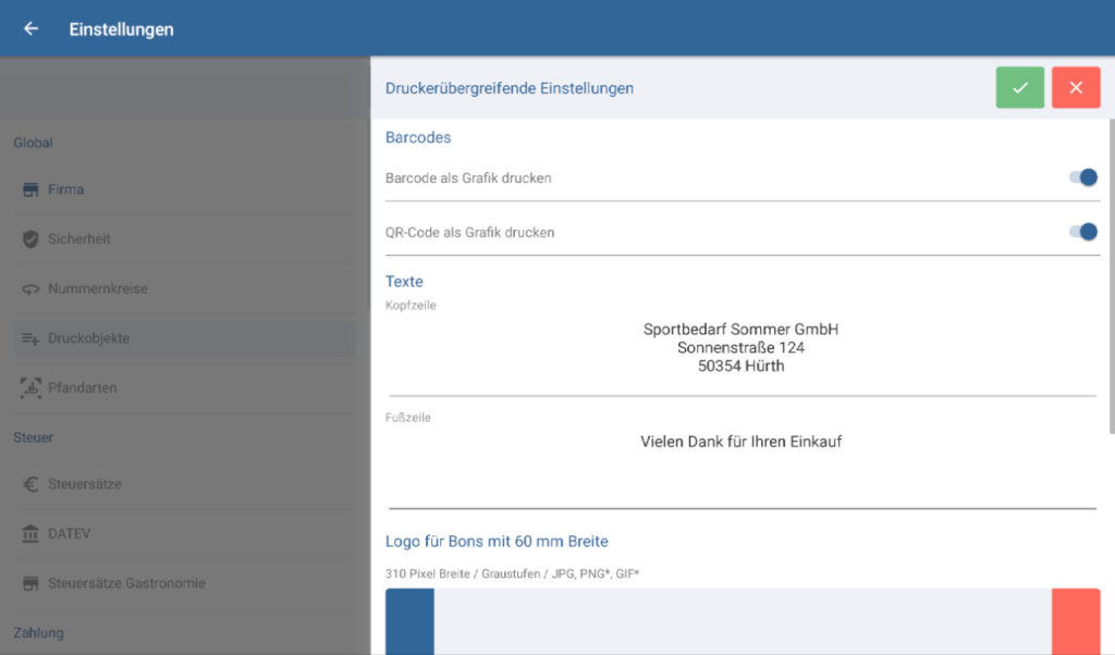 Kopfzeile und Fußzeile für Belege bearbeiten